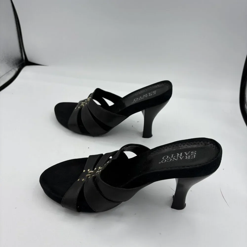 Franco Sarto High‎ Heels Womens 7 Leather Kitten Black Open Toe Mule Straps G2